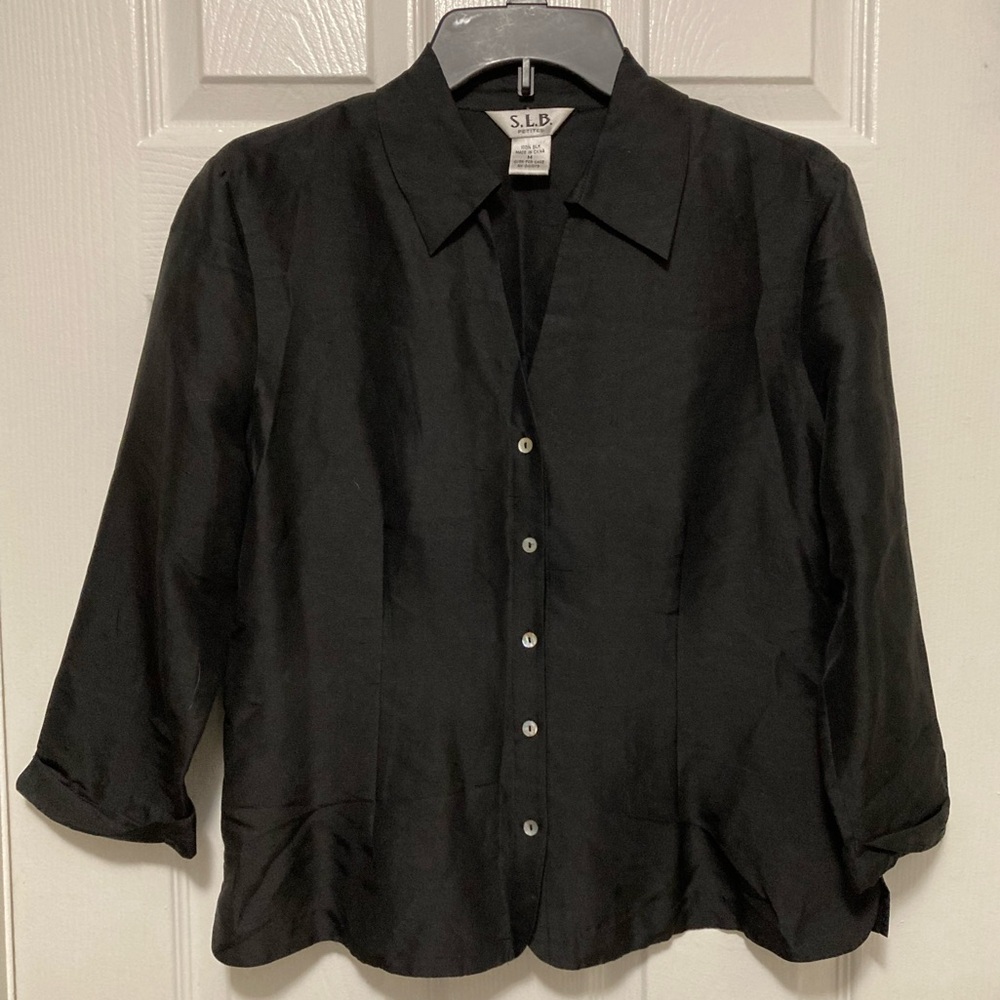 *S.L.B. Petite Black Silk 3/4 Sleeve Button Down Size Medium Petite Blouse #Q
